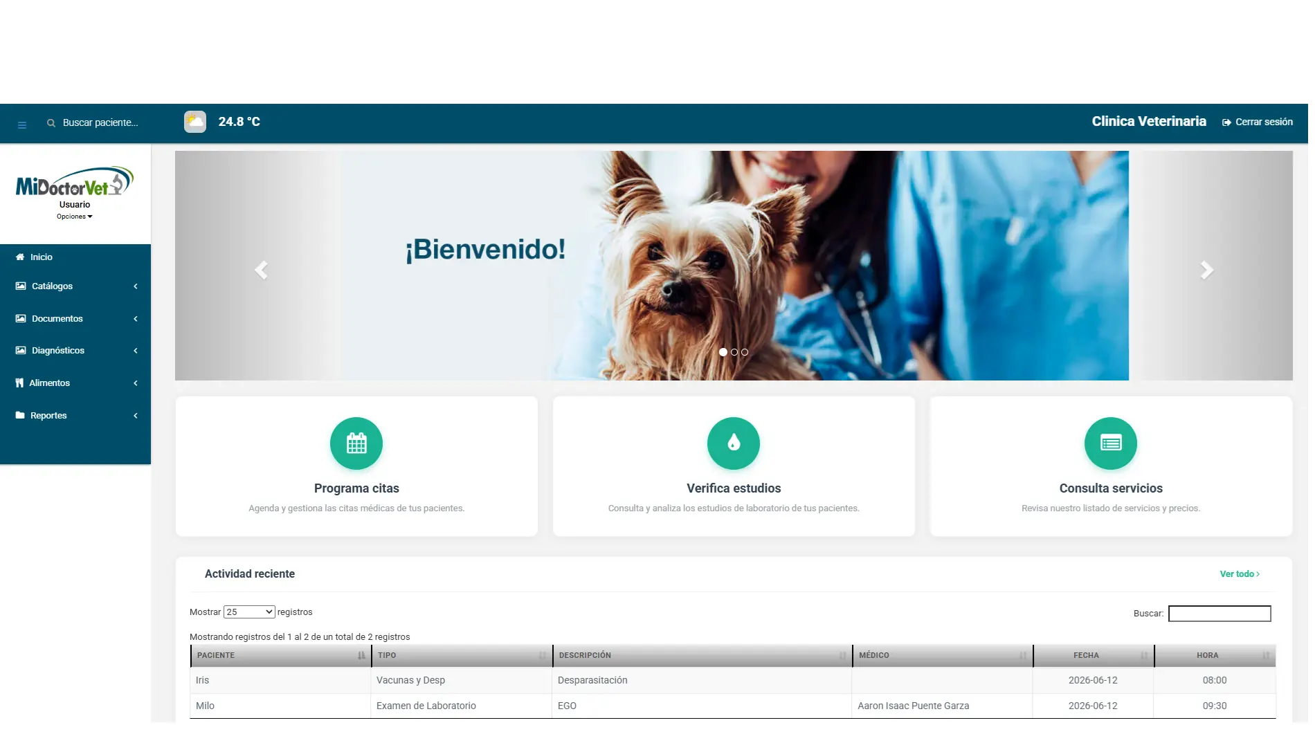Panel de control de MiDoctorVet con citas, estudios y actividad reciente