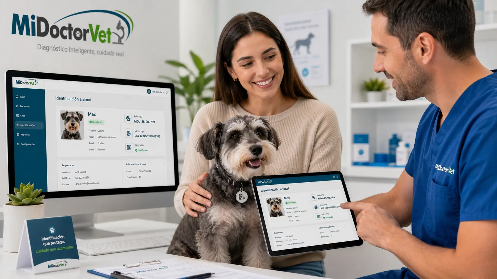 Módulo de identificación animal de MiDoctorVet con folio, microchip y código QR verificado del paciente, mostrado en tableta a la propietaria
