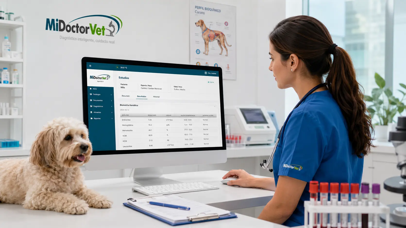 Médica veterinaria consultando resultados de estudios de laboratorio en la plataforma MiDoctorVet