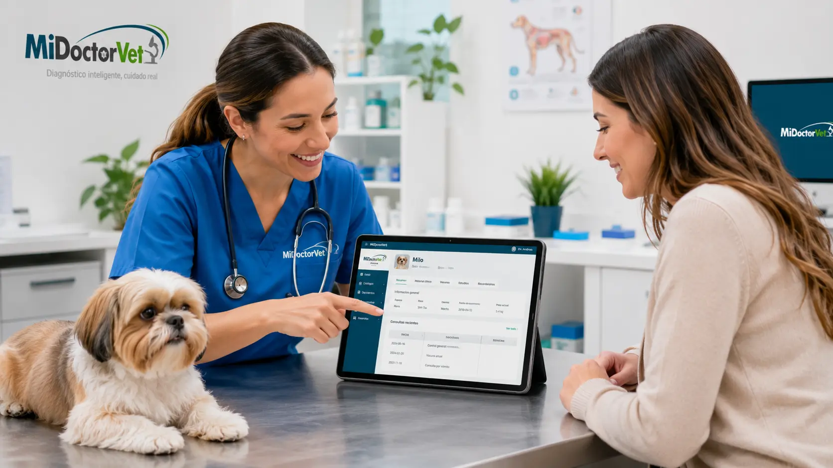 Médica veterinaria mostrando en una tableta el expediente del paciente en MiDoctorVet a la propietaria