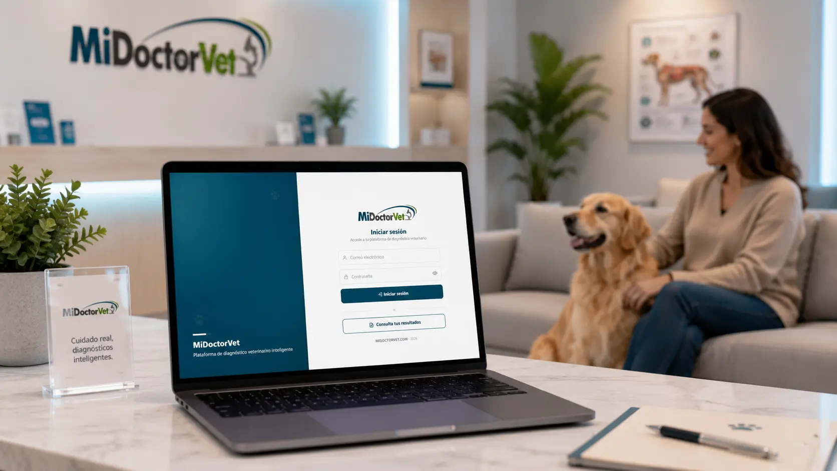 Pantalla de inicio de sesión de MiDoctorVet en una laptop en la recepción de una clínica veterinaria
